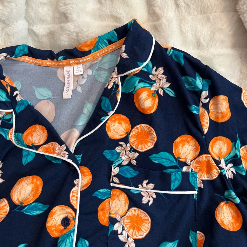 Super Soft XL Blue Orange Fruit Print Button Down PJ Lounge Sleep Shirt Spring - Picture 8 of 8